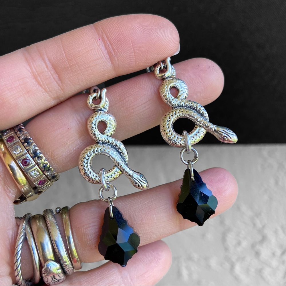 snake dangly earrings & black austrian crystals boho goth stainless steel post